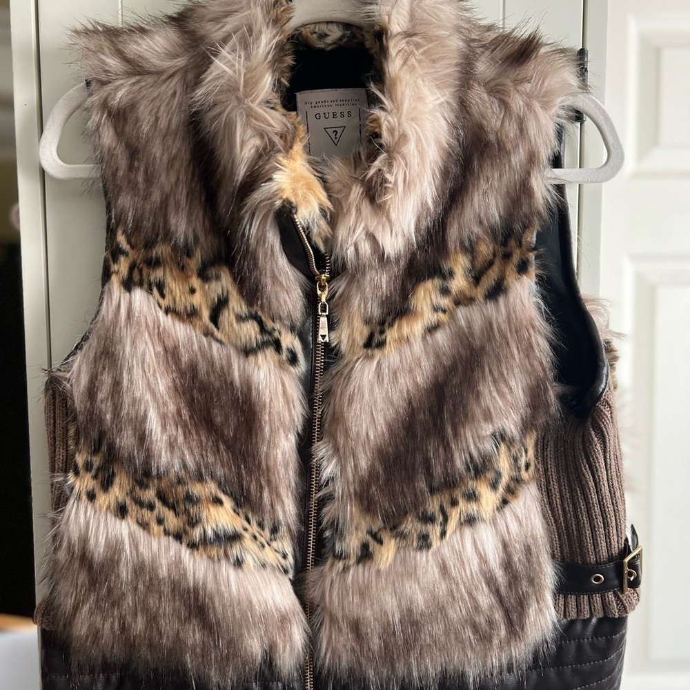Guess MultiColor Faux Fur & Leather Vest Size Large